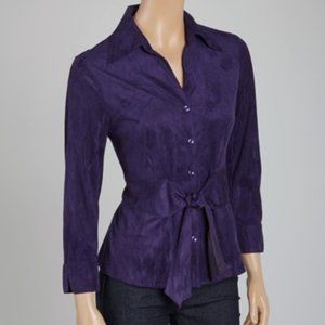 Purple Faux Suede Knot-Front Button-Up Top